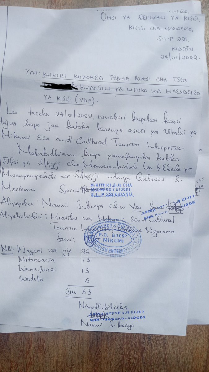 VILLAGE DEVELOPMENT FUND CONTRIBUTION 
August 2021 is when we signed MOU with Msowero village to run Chizua waterfalls after extensive awareness of responsible tourism to the community and village council.This January was able to isue our first Village Development Fund VDF.
