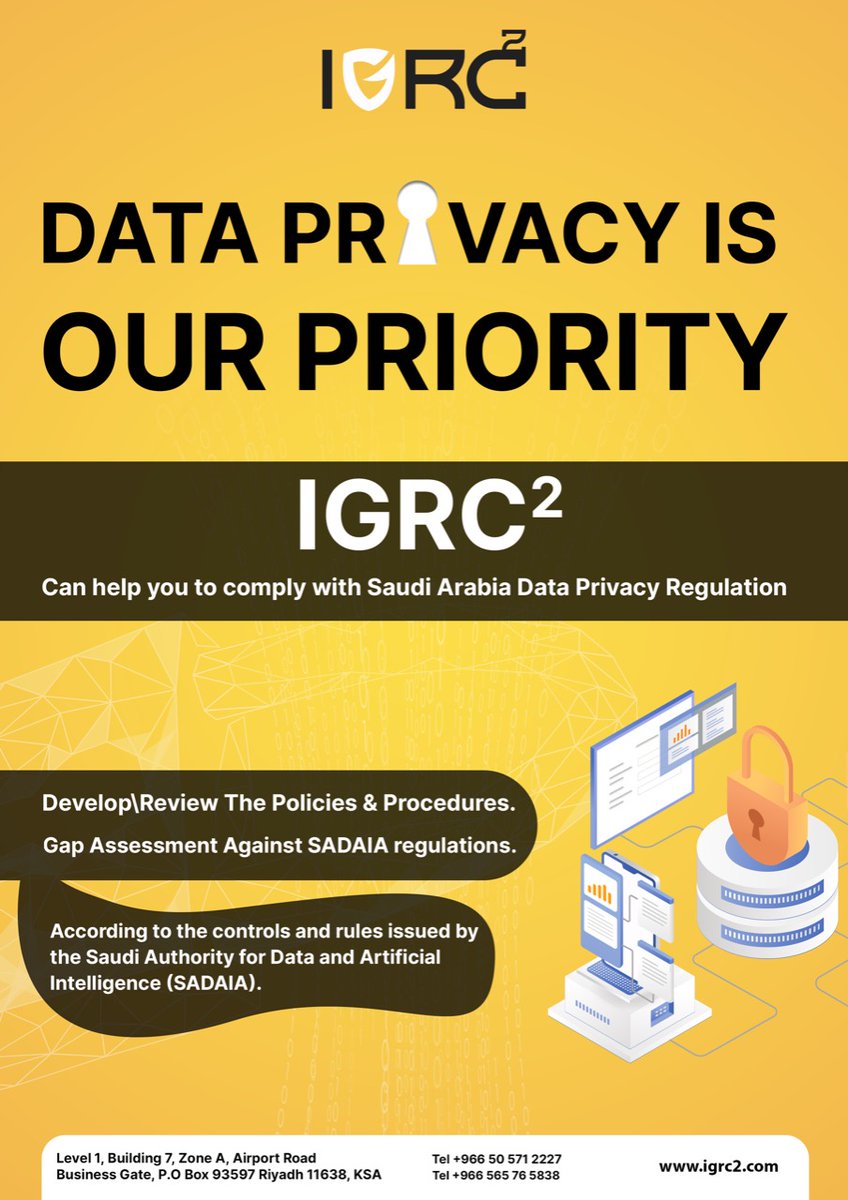 IGRC_2's tweet photo. Happy #DataPrivacyDay everyone!
Data Privacy is our Priority
Protecting your data has never been more critical than it is today. For any assistance or further discussion, you can send us at info@igrc2.com and our team will contact you!#data #privacy #DataPrivacyDay #SaudiArabia https://t.co/kPo9gVF8bB