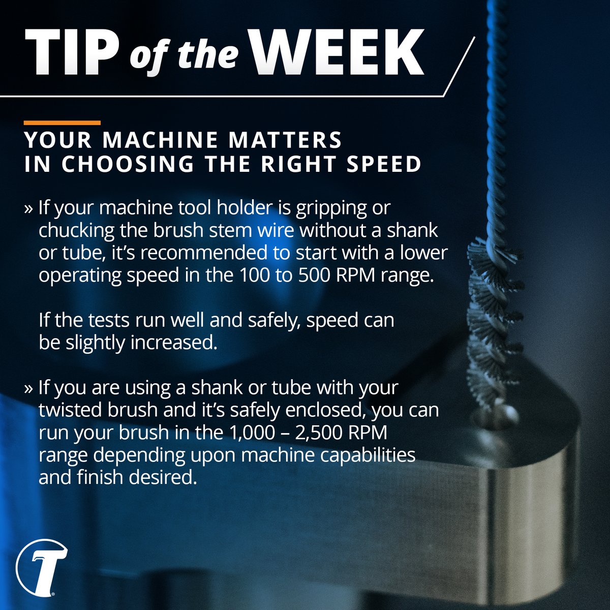 TanisBrush's tweet photo. TIP OF THE WEEK

When using a twisted brush, placement and speed matter to reach your desired results. 

Use these tips to ensure you are getting the most out of your twisted brush.

#industrialbrushes #twistedbrushes #manufacturingexcellence #cncmachining #automotive #aerospace https://t.co/DFa3rHoTaG
