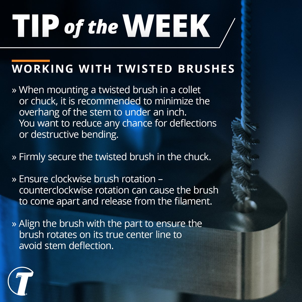 TanisBrush's tweet photo. TIP OF THE WEEK

When using a twisted brush, placement and speed matter to reach your desired results. 

Use these tips to ensure you are getting the most out of your twisted brush.

#industrialbrushes #twistedbrushes #manufacturingexcellence #cncmachining #automotive #aerospace https://t.co/DFa3rHoTaG