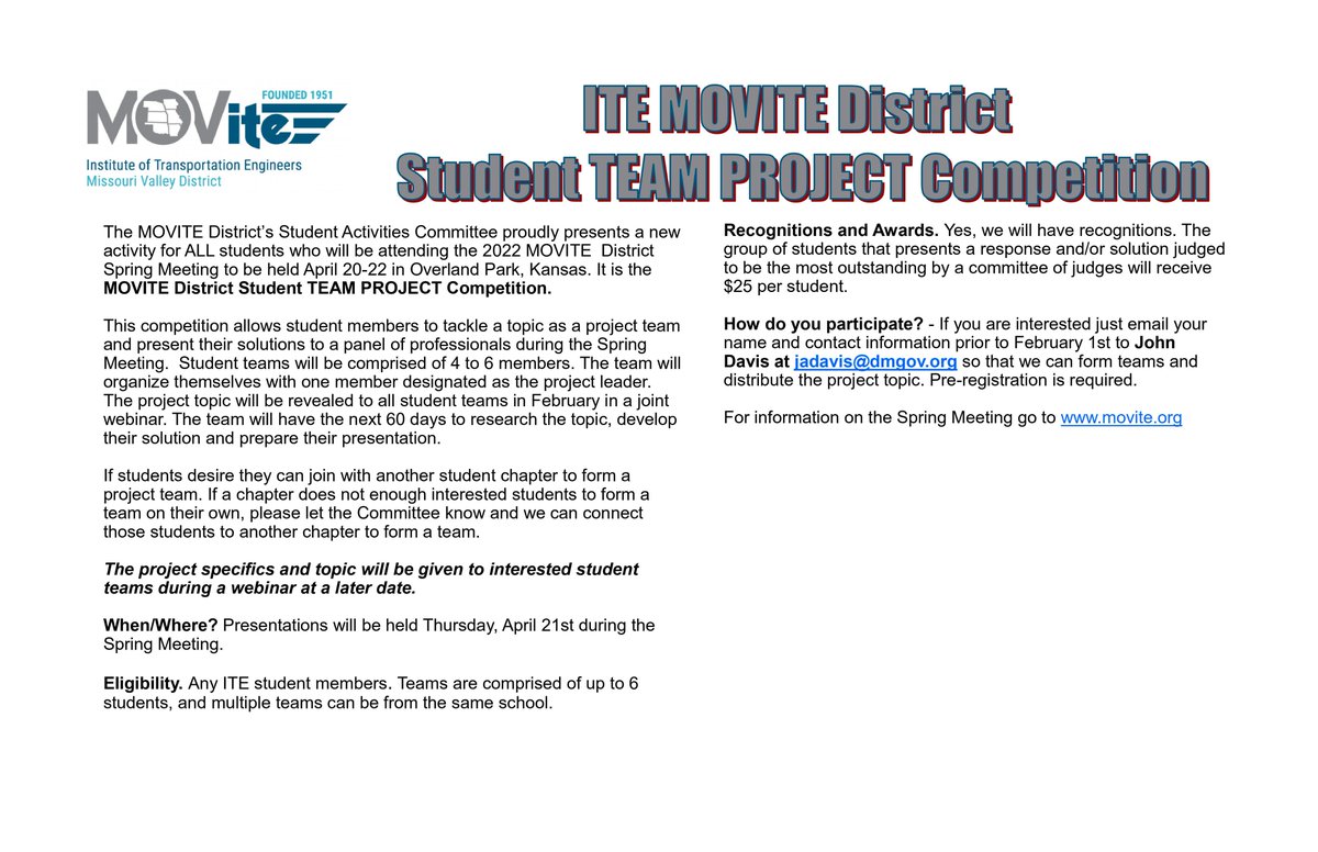 ku_ite's tweet photo. Do you have fun and enthusiastic friends who could join you to DESIGN something great in the upcoming MOVITE conference at Overland Park, KS?? Register for the DESIGN COMPETITION now. #kuite #movite2022 #designcompetition #studentsdesign #newtransportation #navigatingtothefuture https://t.co/LqsQh3fTOS