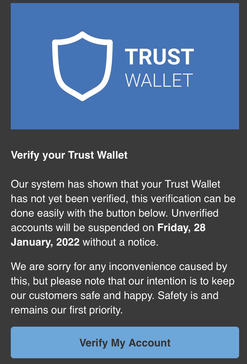 OculusVision's tweet image. Just received this in my email and I am not verifying my TW account. You don’t supply an email address when you set up a TW. 😬

Scammers are smart and know that many don’t due their due diligence.