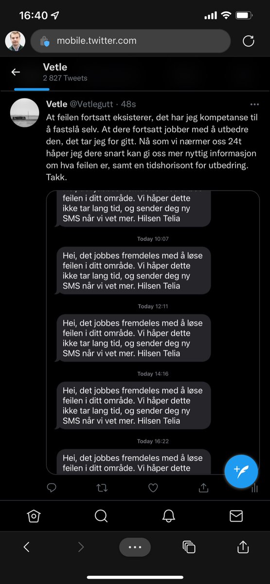 Vetlegutt's tweet photo. @telianorge At feilen fortsatt eksisterer, det kan jeg fastslå selv. At dere fortsatt jobber med å utbedre den, det tar jeg for gitt. Etter snart 24t håper jeg dere snart kan gi oss nyttig informasjon om hva feilen er, samt en tidshorisont for utbedring.
Takk. https://t.co/tHxuGrw7zU