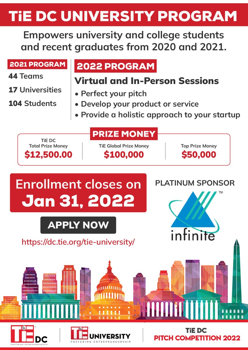 TiE DC University is accepting applications through January 31st!  This amazing program features FREE mentoring/coaching by successful real-world entrepreneurs, fundraising guidance and prizes for winning teams!  Apply now at dc.tie.org/tie-university/
