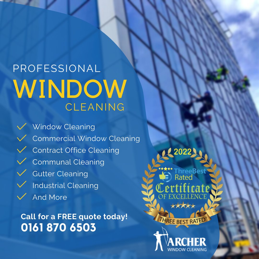 WindowCleanManc's tweet photo. Archer Window Cleaning Services have been providing award-winning window cleaning in Manchester, The North West, and throughout the UK since 1990. 

Call us for your free quote today on 0161 870 6503 📞

https://t.co/olEXLDAROC 

#WindowCleaningUK #WindowCleaningServices https://t.co/vDEBPs3YPW