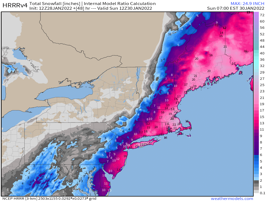 Les modèles s'accordent pour environ 50 cm de #neige à Boston (variabilité en raison du ratio mm/cm avec des températures < -5°C).
Des rafales à 100/110 km/h sont prévues et de fait une visibilité parfois inférieure à 500 m. 