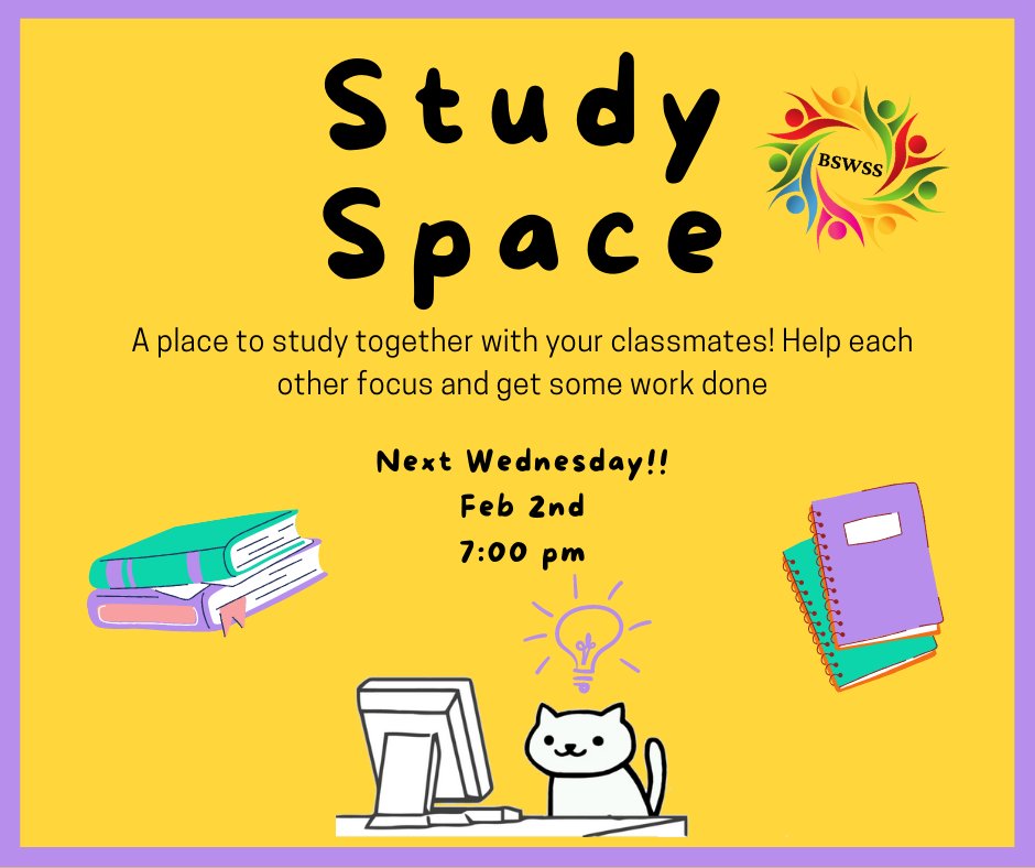 CU_BSWSS's tweet image. Need some help getting focused? Next Wednesday join us for some study time at BSWSS Study Space 🤓 Let us know you&apos;re coming though dm or email bswss.cu@gmail.com 😄