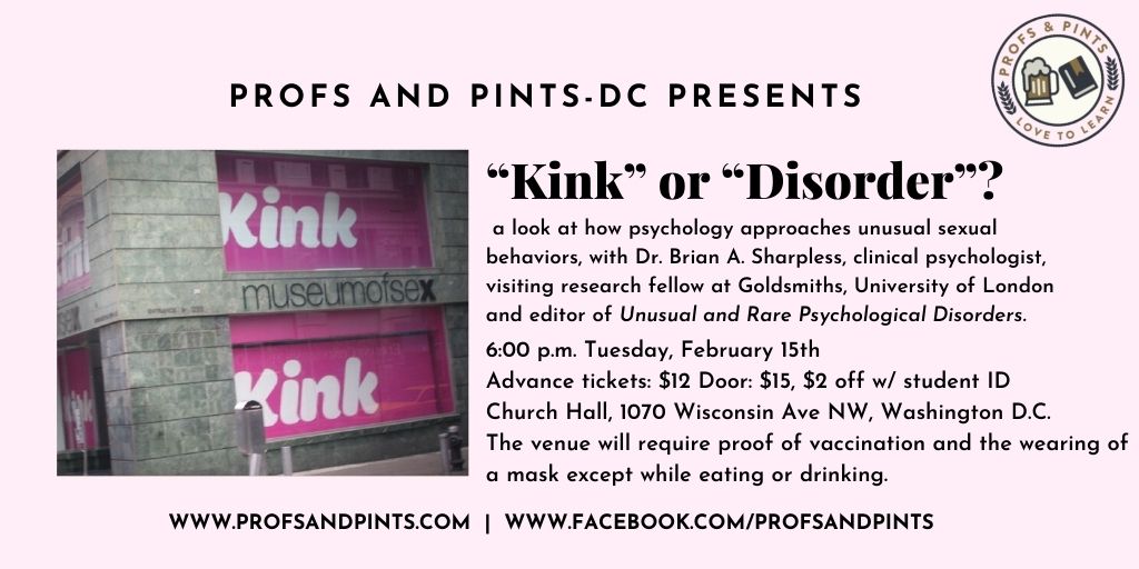 briansharpless's tweet photo. What could be more romantic than hearing me chat about unusual sex acts - and how psychologists view them - the day after Valentine's Day?  That's a rhetorical question, BTW... #paraphilia #sex #kink @profsandpints @churchhalldc #fetishism #sexualdisorder https://t.co/MU5WtXYPsw