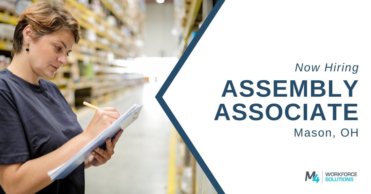 M4WorkSolutions's tweet photo. M4 is now #hiring Assembly Associate  for a medical supplies/equipment manufacturer in Mason, Ohio. Hiring immediately! 

Apply online: https://t.co/tnxfuscNhi

#jobs #joblisting #CincinnatiJobs #MasonOhio #Cincinnati https://t.co/FC9IRVxuks