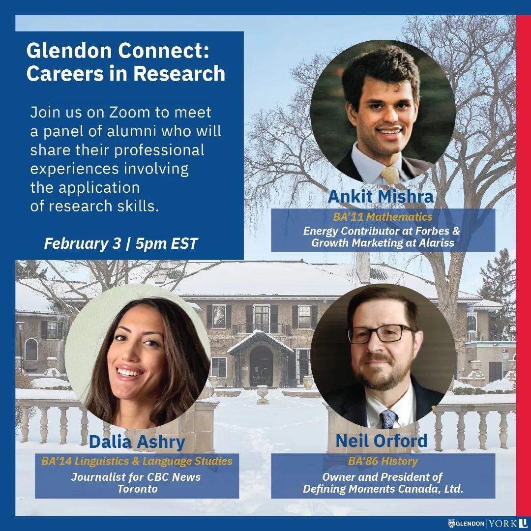 GlendonAlumni's tweet photo. Rencontrer nos diplรดmรฉs qui partageront comment la recherche figure dans leurs expรฉriences professionnelles. Join @daliareports, @ankitmishra013 and @neilorford1 to learn how they use #research skills in their careers. https://t.co/vTYPvEyFSk #PeopleofYU #YorkAlumni #YUResearch https://t.co/BbwYPDrhSA