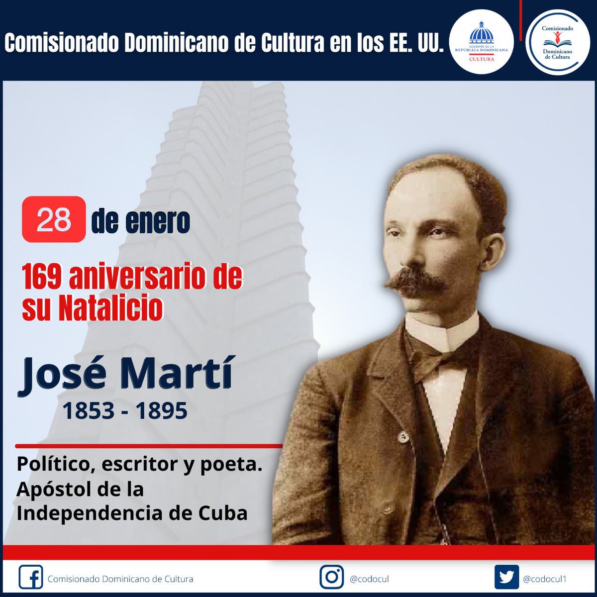 codocul1's tweet image. El Comisionado Dominicano de Cultura en los EE.UU. conmemora el 169 aniversario del natalicio del político, escritor y apóstol de la independencia de Cuba José Martí.
.
.
.
@luisabinader @miculturard @MilagrosGermanO @greyderaful @carmenherediadg @jose_paliza @LourdesBatista7