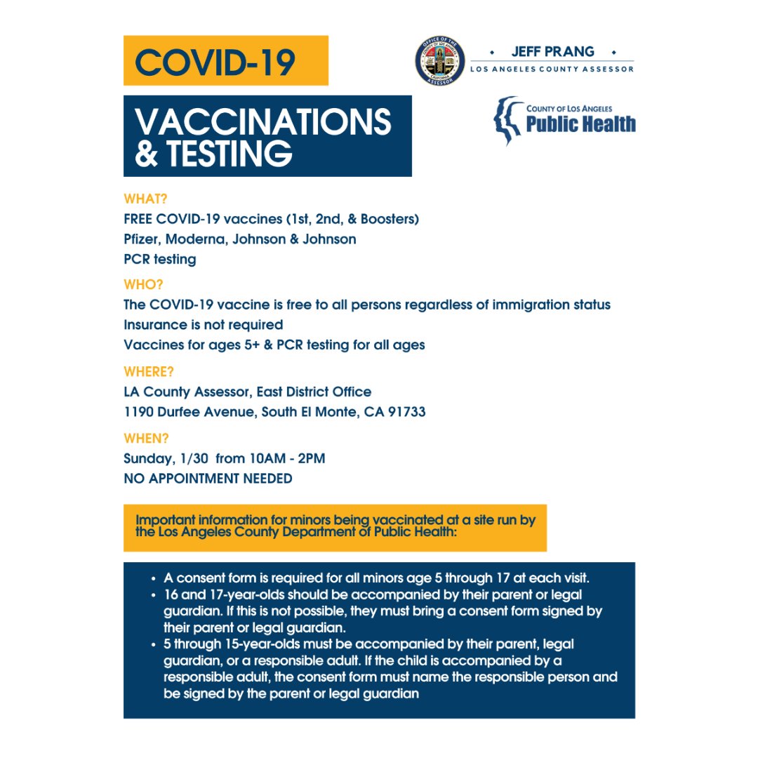 Check out the latest update from L.A. County Assessor Jeff Prang and Public Health. Vaccination and testing available this Sunday 10am-2pm in South El Monte! No Appointment needed.
Sign up for our newsletters conta.cc/34gs6Sk by visiting monroviacc.com !📩