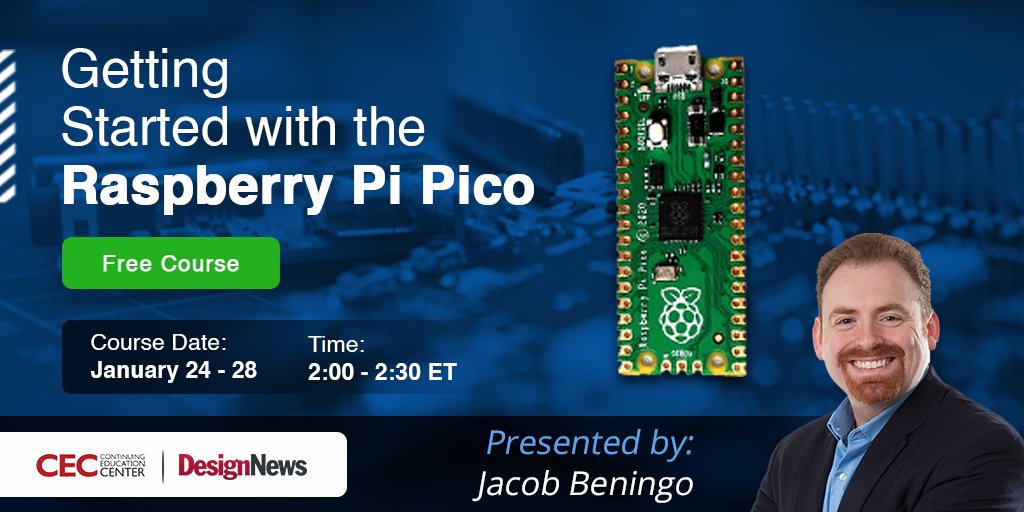 Jacob_Beningo's tweet photo. #embeddedtips Join me this week @DesignNews for #DNCEC on Getting Started with the Raspberry Pi Pico!

Today's Day 5 Session: Using MicroPython on the Raspberry Pi Pico

Register and learn more at https://t.co/DUObdPhOfV

#MCUs #RTOS #RPI #ARM #PICO #MICROPYTHON https://t.co/cHA39c7r1b