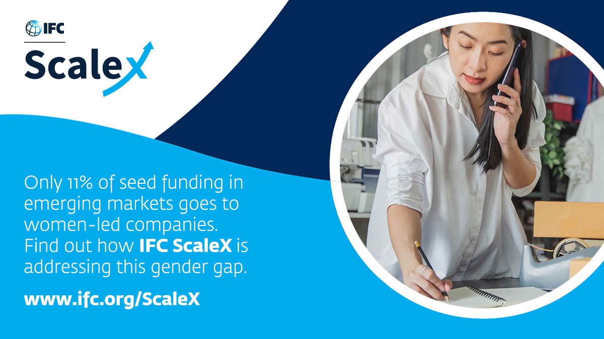 WBG_Education's tweet photo. Only 11% of seed funding in emerging markets goes to companies w/ a woman in the founding team. It’s time to change that!

@IFC_org &amp; #WeFi launched #IFCScaleX, an award program for accelerators that helped #womenentrepreneurs raise the capital they needed https://t.co/6LVs5jAu14 https://t.co/fy7Zq8iRtI