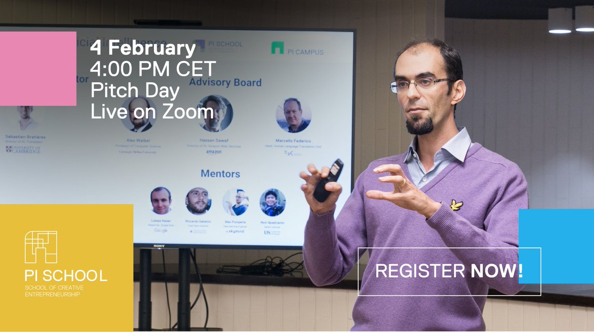 Join us for the Pi School Pitch Day. Watch Adrian Gralak, Davide Galassetti, Priyanshu Sinha, Daniele Pace, <a href="/srbharathi/">Ravindra Bharathi</a>, <a href="/lucasvictorasso/">Lucas</a>, <a href="/nabeel_raza1/">Nabeel Raza</a> and <a href="/saswat_mallick/">Saswat Mallick</a> present the results of their AI challenges on 4/02 at 16:00 CET. 
Register here: pischool.link/PitchDay