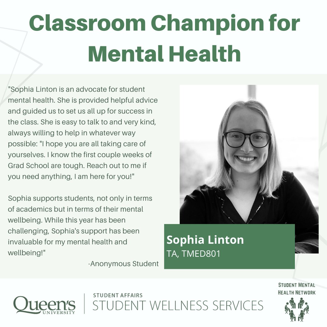 Both <a href="/LintonSophia/">Sophia Linton</a> &amp; <a href="/madirob12/">Madison Robertson</a>, PhD candidates from  <a href="/tmedQueens/">Translational Medicine Graduate Program</a> &amp; <a href="/QueensuHQ/">Queen's Health Quality Programs</a>, respectively, are in good company this week as they too have been nominated by students as Classroom Champions for Mental Health. 🔥💕
➡️fal.cn/3lEBD
#BellLetsTalk #MentalHealthMatters