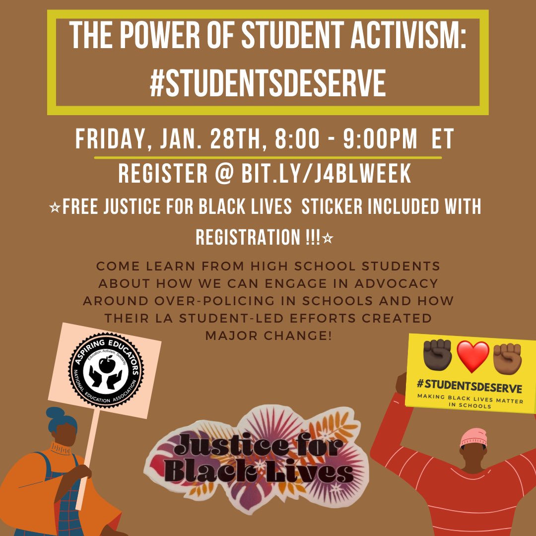 jonathan_oyaga's tweet photo. Come hear from the students of LA Students Deserve about how they organized to make change on their campus! The next generation of educators are here to listen and learn. Are you? 
#EquityorElse #PoliceFreeSchooos #CareNotCops #NEAAspiringEd #J4BLWEEK https://t.co/Eqa13hChvn