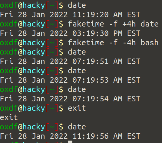 Just discovered faketime, and it's super useful when you need to sync with another host but dont want to muck with your system time. Will change the time for just the command that follows (which can be bash if you want to do a bunch of stuff).
manpages.ubuntu.com/manpages/trust…