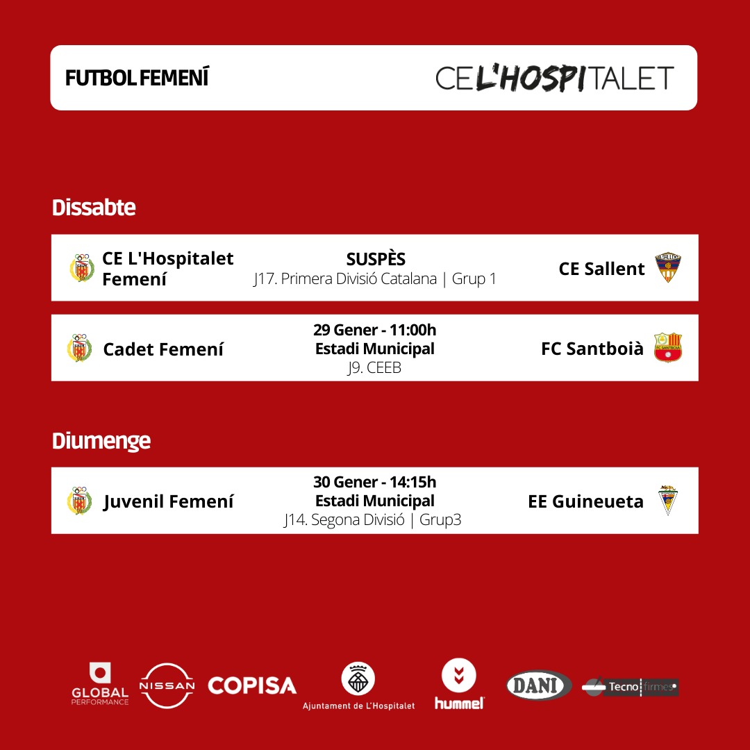 [AGENDA FEMENINS]

✅ Suspès per Covid el partit del primer equip davant el <a href="/cesallent/">CESallent 🎗</a>.
✅ El Juvenil rep la <a href="/eeguineuetafem/">EE Guineueta FEM</a>.
✅ El Cadet rep el <a href="/FClubSantboia/">Futbol Club Santboià</a>.

#SomhiHospi #SomFutur⚪️❤️ #1CatFem