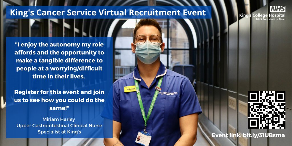 🗓️ Join our #CancerService virtual recruitment event on 2 Feb 2022 from 09:00–10:30.

Miriam Harley, our #CNS, shared her experience working at King's and advises others to "join us to see how you could do the same!"

Find out how to join #TeamKings ➡️ bit.ly/31UBsma.