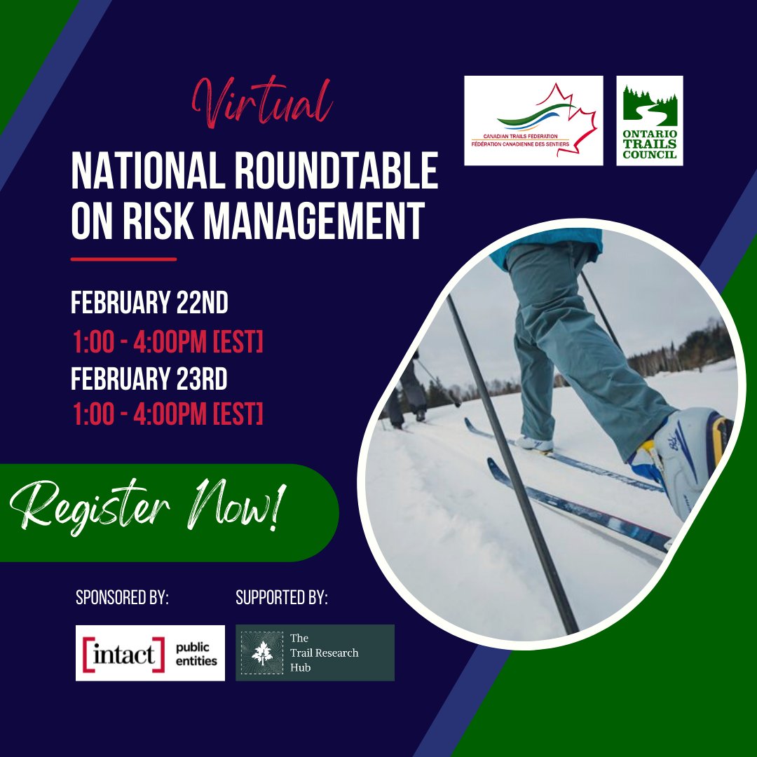 OnSnowTrails's tweet photo. Register now for the National Roundtable on Risk Management February 22 + 23, 2022. The Roundtable is co-hosted by Ontario Trails Council and Canadian Trails Federation and is sponsored by Intact Public Entities; it is supported by the Trail Research Hub. https://t.co/NvWPocMDGM https://t.co/GJoWQgSq1z