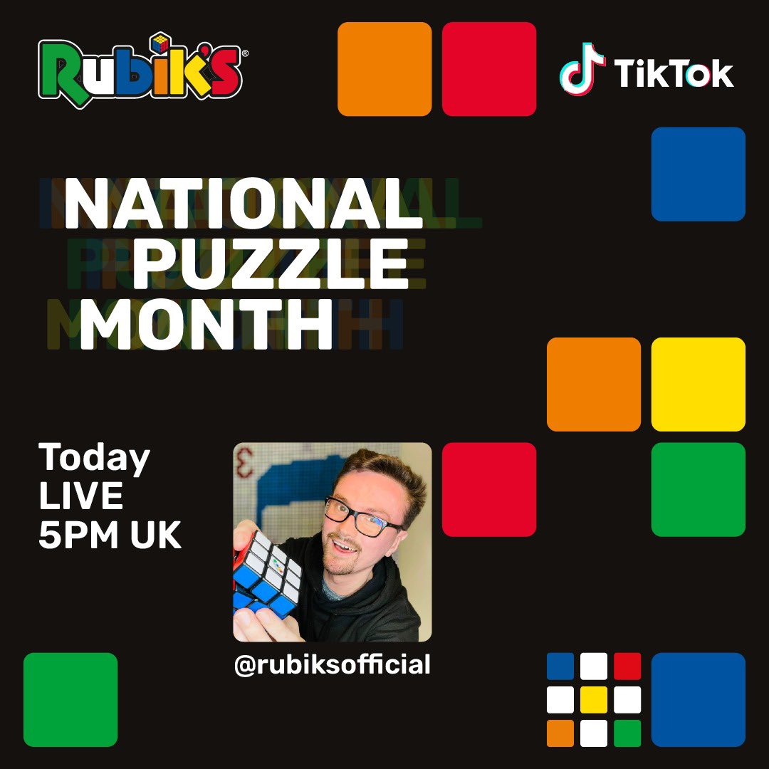 Rubiks_Official's tweet photo. Celebrate #NationalPuzzleMonth &amp; learn how to solve the most famous puzzle in the world the #RubiksCube with our ambassador Joshua Morris going live on @tiktok_uk at 5pm UK time today: https://t.co/59bixNnVEO

#AdventureEveryTurn https://t.co/yJ9pkZQ8Zz