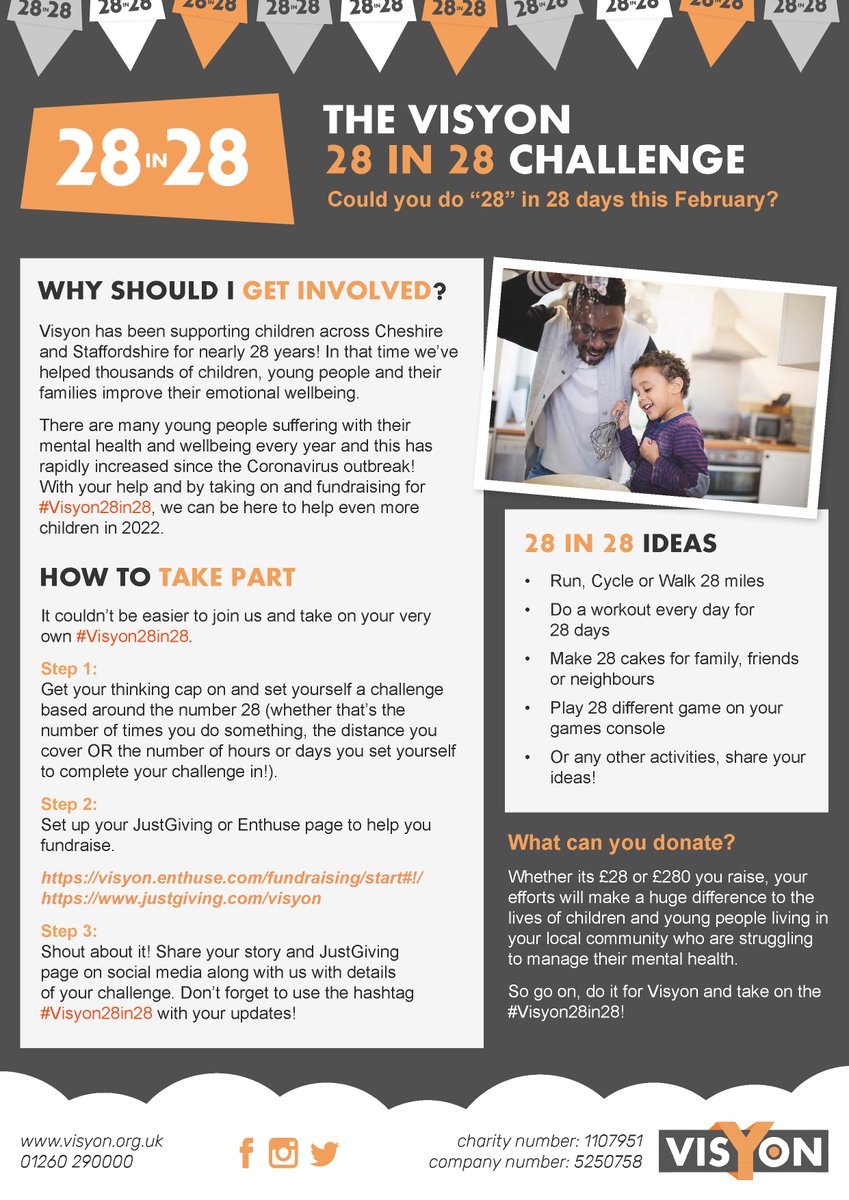 Visyonltd's tweet photo. GET INVOLVED SUPPORTING LOCAL CHILDREN THIS FEBRUARY!🧡🧡
What can you do through the 28 days of Feb to raise money #Visyon?
Set up your fundraising page by yourself, or in a group here:
https://t.co/6wR0ewee7s
#Fundraise #MentalHealth #Charity #Donate #February https://t.co/x26pyuHGn4