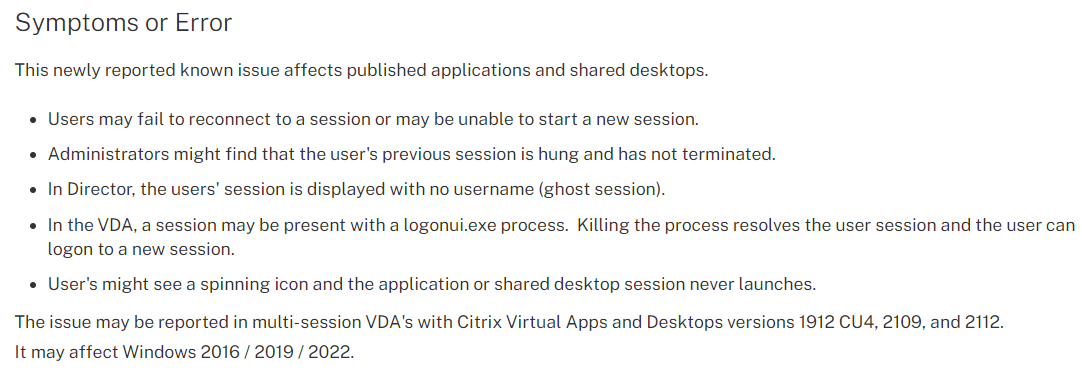 Ghost sessions in #Citrix Virtual Apps and Desktops versions 1912 CU4, 2109, and 2112 < contact Citrix Technical Support for a fix support.citrix.com/article/CTX338…