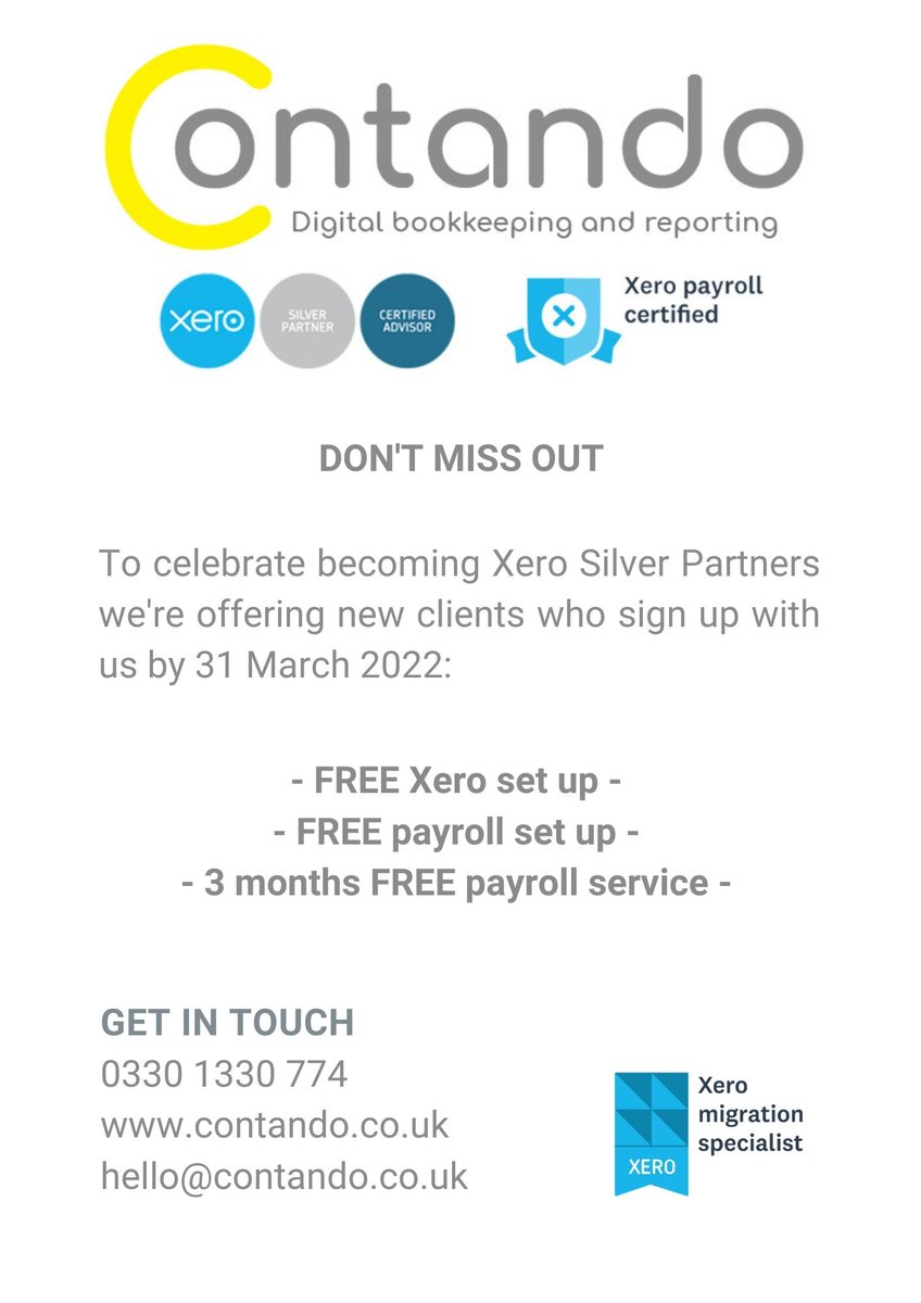 ContandoLtd's tweet photo. We're in a great mood now we're an @Xero silver partner &amp; have some freebies for clients who join by 31 March 🎉

📞0330 1330 774
📧hello@contando.co.uk
https://t.co/aLhmz1Vl39 see how we'll help you &amp; why our clients love us

#xeroaccounting #payrollservices #accountingservices https://t.co/oH8KjK0CbG