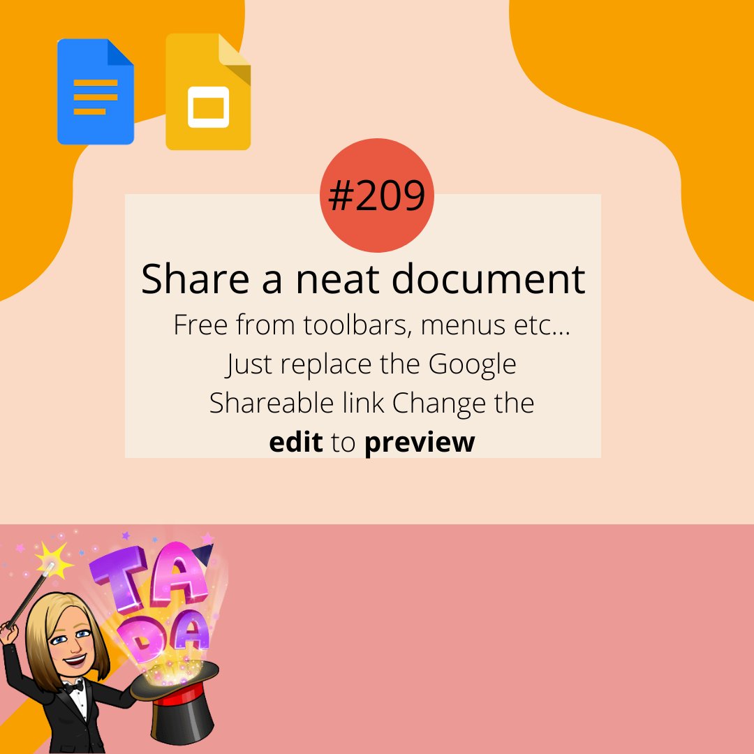 MrsMagyar's tweet photo. #MagyarsMagicalTechTips # 209 Share a neat copy free from toolbars and menus with people by changing the ending of the Google Shareable Link from edit to preview.  #CleanCopy #LessDistractions #LookingProfessional https://t.co/VCaVmjTy64