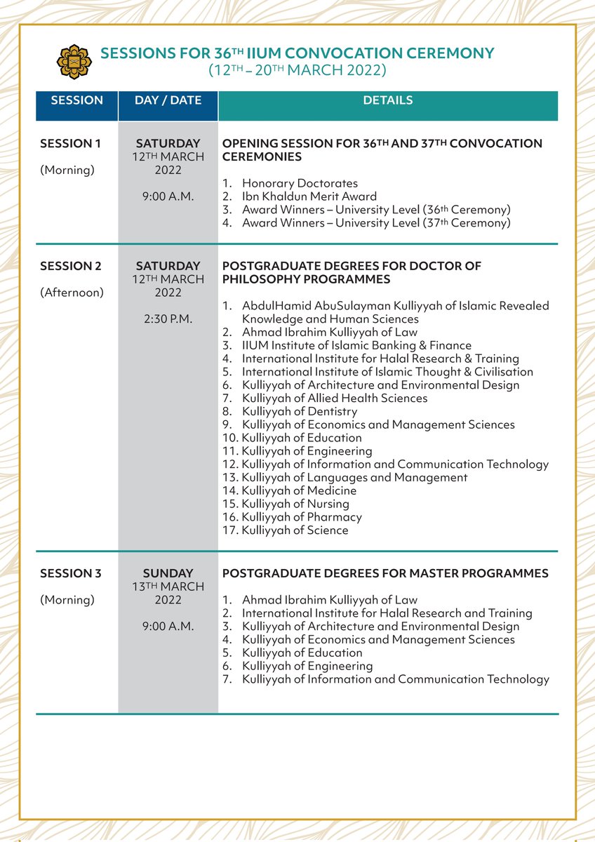 OfficialIIUM's tweet photo. SESSIONS FOR 36th IIUM CONVOCATION CEREMONY

(12 - 20 March 2022)

(1/2) https://t.co/U2ply96iPp
