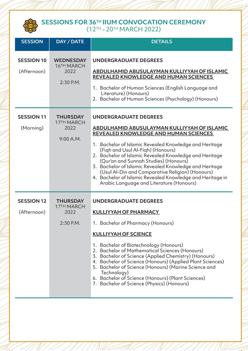 OfficialIIUM's tweet photo. SESSIONS FOR 36th IIUM CONVOCATION CEREMONY

(12 - 20 March 2022)

(1/2) https://t.co/U2ply96iPp