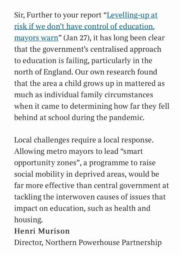 NP_Partnership's tweet photo. "The government's centralised approach to education is failing."

@henrimurison backs calls from metro mayors to devolve more powers over education, following yesterday's @TimesEducation report.

https://t.co/s2ox4ZULon https://t.co/j8tqZAYNhc