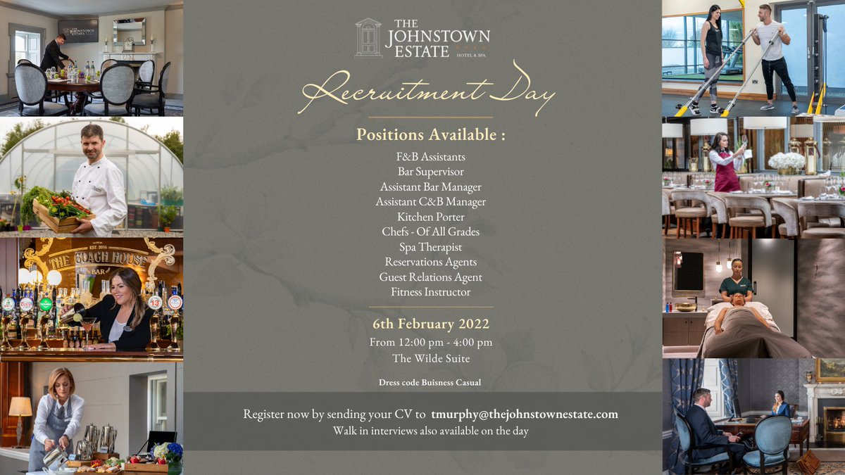 We are delighted to host a 𝗥𝗲𝗰𝗿𝘂𝗶𝘁𝗺𝗲𝗻𝘁 𝗗𝗮𝘆 on Sunday February 6th 2022, from 12pm - 4pm in The Wilde Suite.

Register your attendance by sending your CV to tmurphy@thejohnstownestate.com

Walk in interviews are also available on the day!

#Hiring #Meath #Hotel