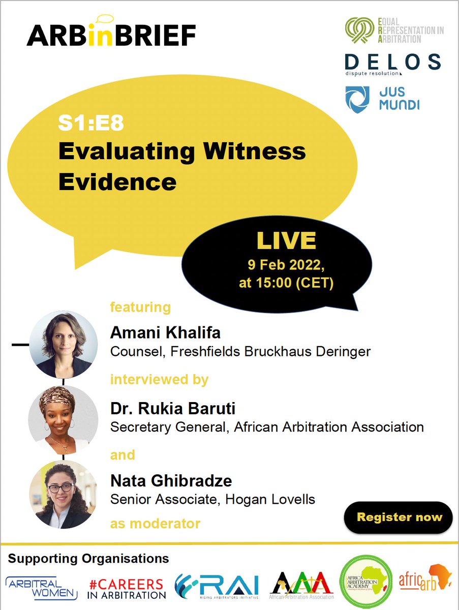 Careers in Arbitration is pleased to support ARBinBRIEF.

𝗦𝟭:𝗘8 will feature Rukia Baruti interviewing Amani Khalifa on evaluating witness evidence with Nata Ghibradze as moderator.

Be part of the live audience on February 9, 2022 at 15:00 CET.

🔗lnkd.in/e6sPGx3x