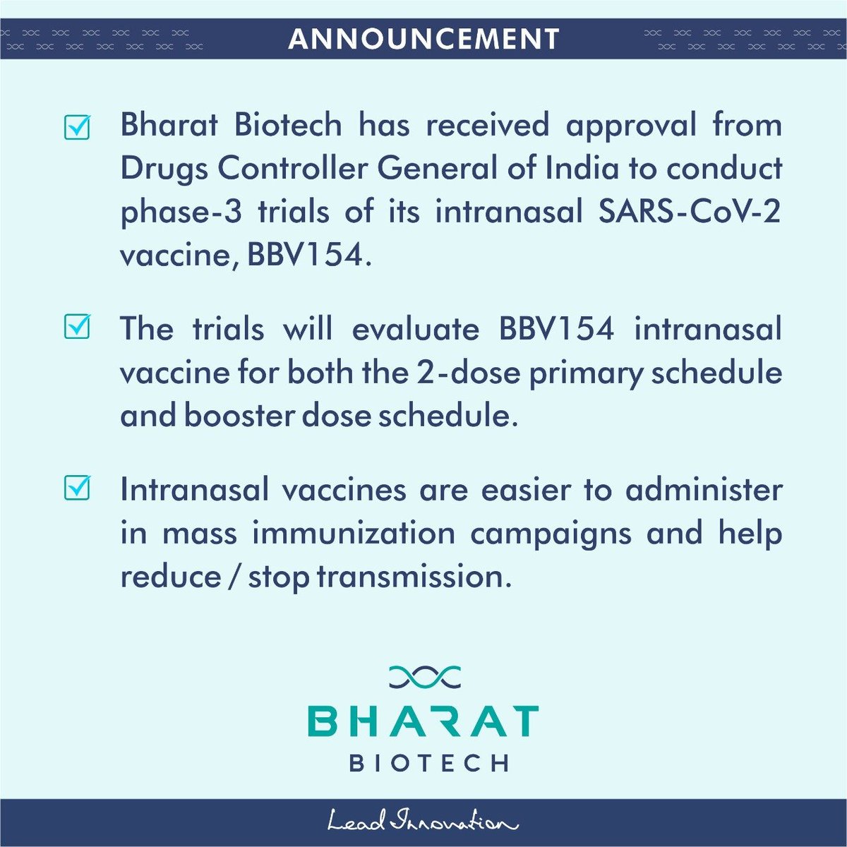 Bharat Biotech's Intranasal COVID-19 vaccine, BBV154, has received DCGI approval for Phase-3 clinical trials.

#BharatBiotech #COVID19Vaccine #intranasalvaccine #nasalvaccine #clinicaltrials #bbv154 #phase3 #COVID19 #pandemic #boosterdose #immunization