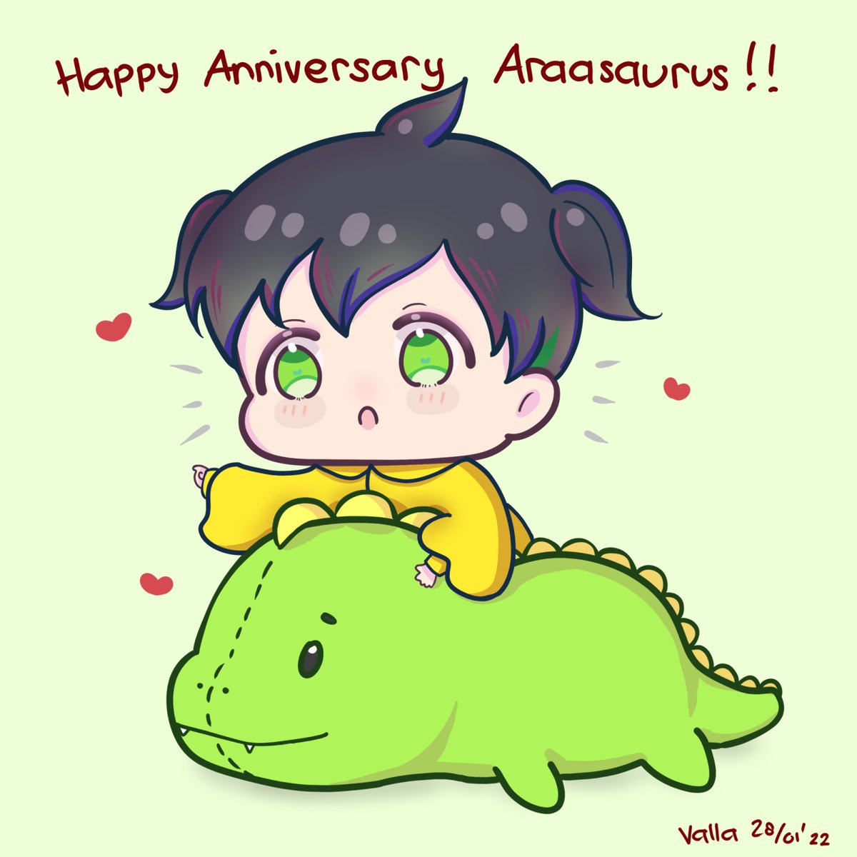Vallarrya's tweet photo. Happy 1 year streaming in Twitch for @araasaurus 
Cheers for many moar months, roaarrr!!

#valladraws https://t.co/LhXxMxmYGH
