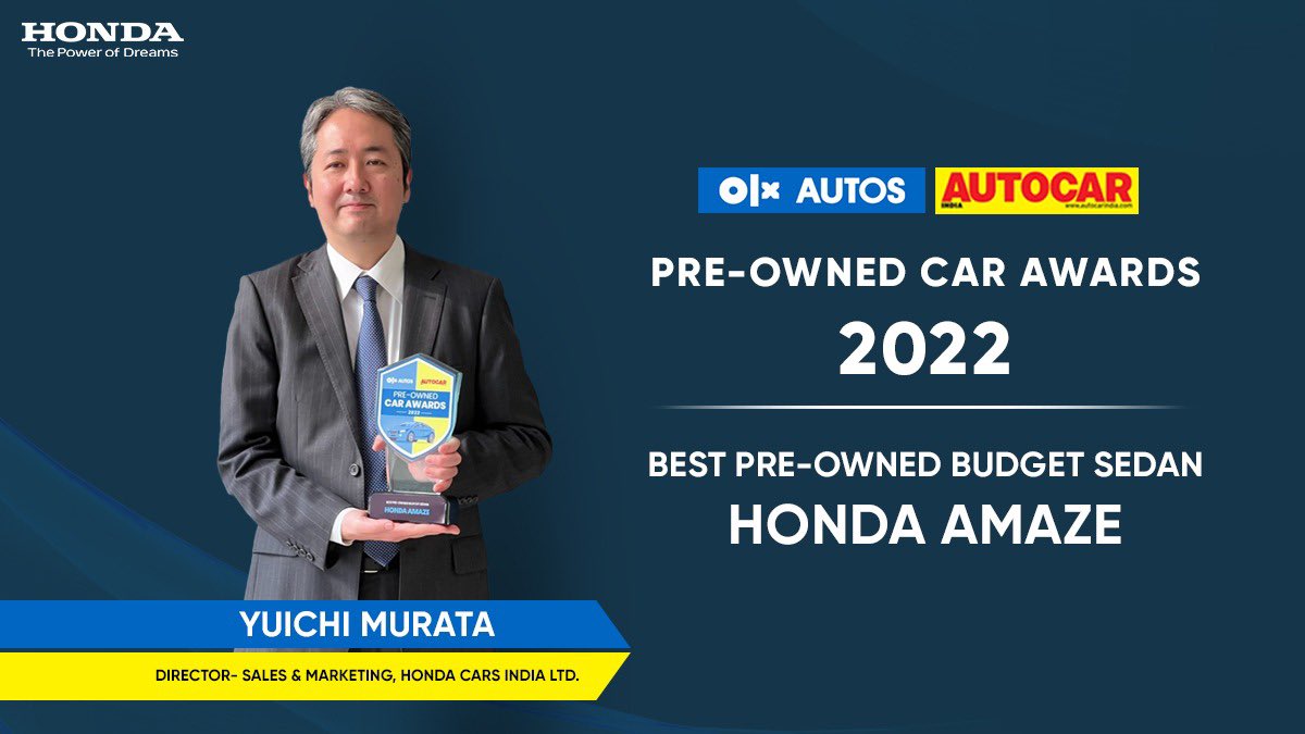HondaCarIndia's tweet photo. We have won the Best Pre-Owned Budget Sedan Award for Honda Amaze by @autocarindiamag. The #PowerOfReliability has steered us towards victory! https://t.co/O5z7JkI1tW