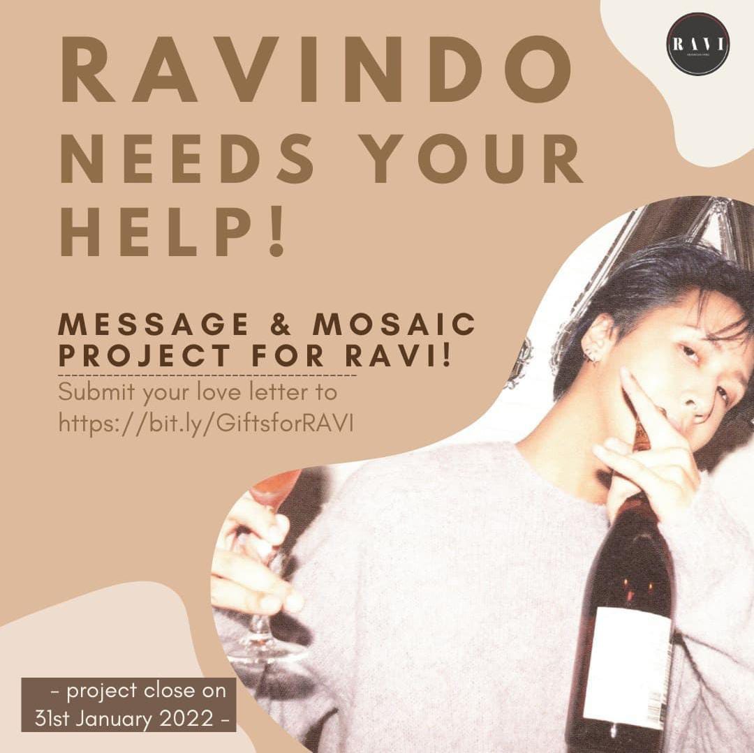 ravindonesia's tweet photo. hello! 😄
So, we are in the middle of having a message book &amp; mosaic project for RAVI! We need more participant! 

the gifts will send physically to RAVI for his birthday❤️
submit your message &amp; photo:
🔗https://t.co/kLumT0QgMI

ps : everyone who loves RAVI can join🤘🏻
#라비 #RAVI https://t.co/4GlzdTB0iY