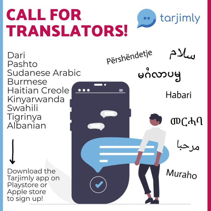 Tarjimly's tweet photo. We are looking to recruit #volunteer translators for a number of languages at Tarjimly, especially  #Dari &amp;  #Pashto. 

Now you can help #refugees just by downloading our app and making use of your bilingual skills to help those in need. https://t.co/rr10Q7uh1P