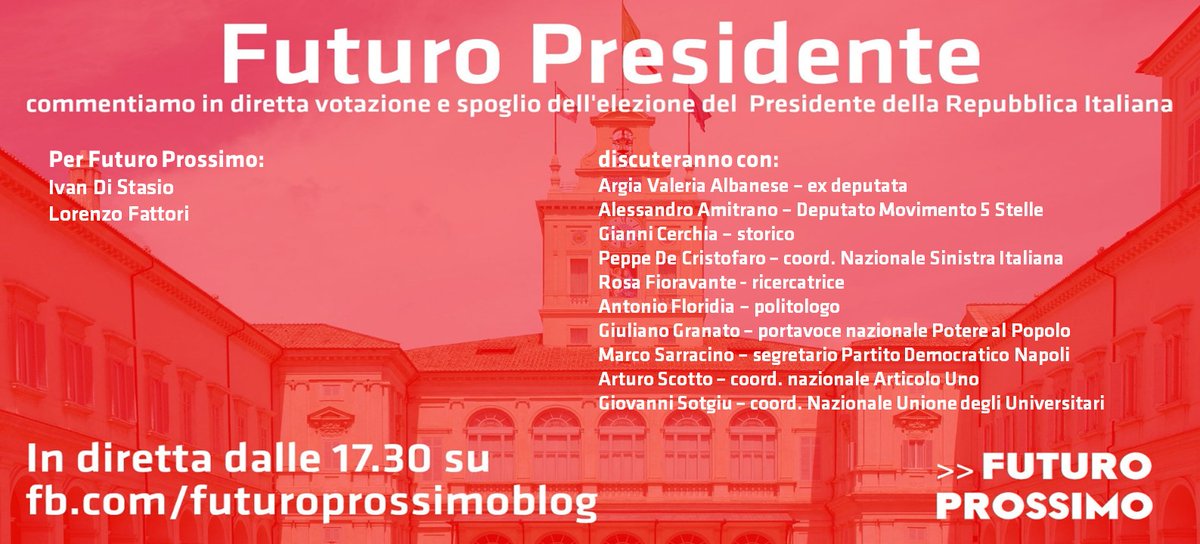 fp_ilblog's tweet photo. Dalle 17.30 saremo di nuovo in diretta su Facebook per commentare lo scenario dell'elezione del Presidente della Repubblica. Con noi tanti ospiti che ci aiuteranno a capire cosa succede.
Seguite e commentate, vi aspettiamo! https://t.co/BmcSVkvgyv