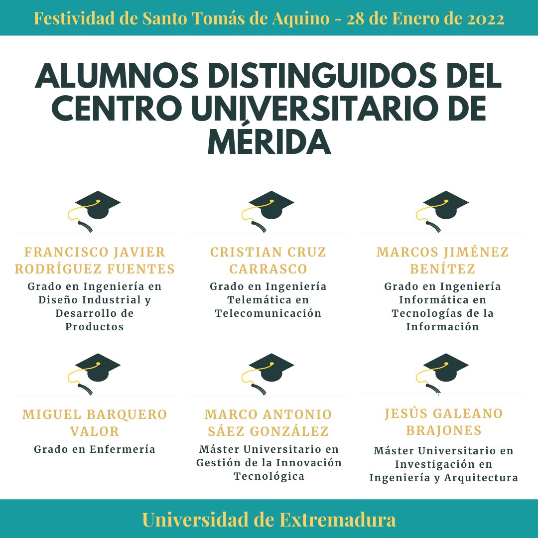 CUMe_UEx's tweet image. En el acto por la Festividad de Santo Tomas de Aquino, la @infouex ha premiado a los mejores expedientes del curso 20-21. Enhorabuena a los alumnos premiados del @CUMe_UEx #Informática #Teleco #DiseñoIndustrial #Enfermería #Geoinformación #MásterInvestigación #MásterInnovación