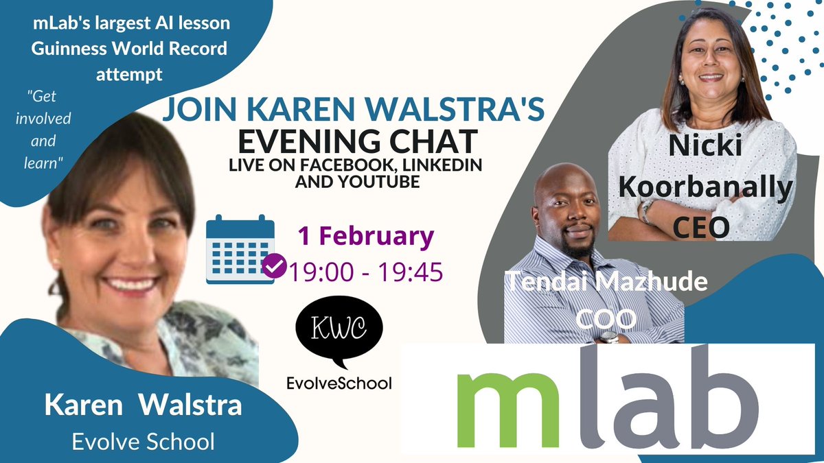 Join <a href="/KarenWalstra/">Karen Walstra</a>  as she chats to <a href="/mlabsa/">mLab</a>'s CEO - <a href="/Nicki_A_K/">Nicoli Koorbanally RTTP</a>  and COO - Tendai Mazhude about Artificial Intelligence and <a href="/mlabsa/">mLab</a>'s largest AI lesson that's  coming soon.
#AIForAll  

Facebook: facebook.com/KWC.EvolveScho…
Linkedin: linkedin.com/video/event/ur…
YT: youtu.be/dFBK4fSN6GA