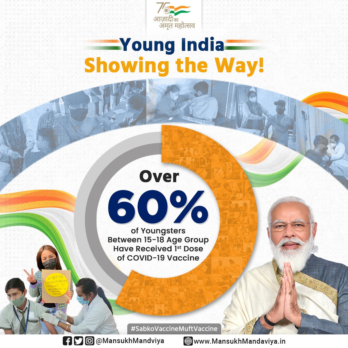 mansukhmandviya's tweet photo. Young India Showing the Way!

Congratulations to all my young friends who have got vaccinated 💉

60% से अधिक 15-18 आयुवर्ग के बच्चों को लगी कोरोना की पहली डोज।

#SabkoVaccineMuftVaccine https://t.co/MU1bViqNkO