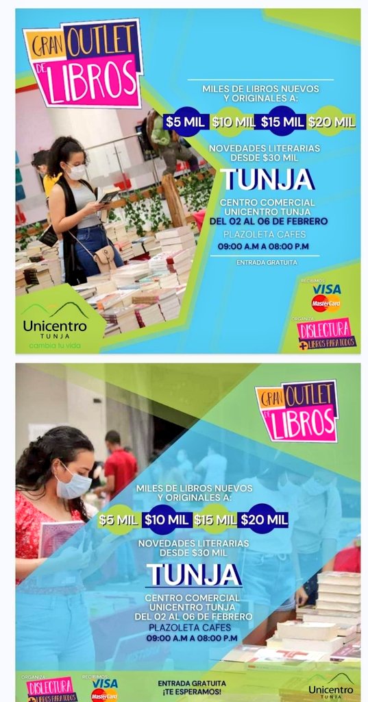 NCTNOTICIAS's tweet photo. Desde el 2 y hasta el 6 de febrero estará en #Tunja ‘El gran outlet de libros’. Serán más de 300 mil obras que se pueden adquirir desde 5.000 hasta 30.000 pesos. 

Todos los días de 9 a.m a 8 p.m estará dispuesta esta importante exposición de libros en el C.C @Unicentro_Tunja https://t.co/r7rP1YFu4L
