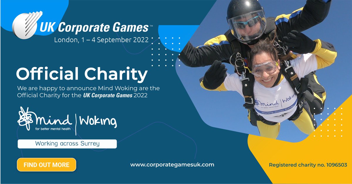 corpgamesuk's tweet photo. We are proud to announce @Wokingmind as our official Charity Partner for this year's games.
It is fantastic to have a local Surrey charity supporting the Games.
Visit https://t.co/jLBt2LmzX6 for more information & support.
#Wokingmind #mentalhealth #support #charity #partner https://t.co/qggqPBRCRQ
