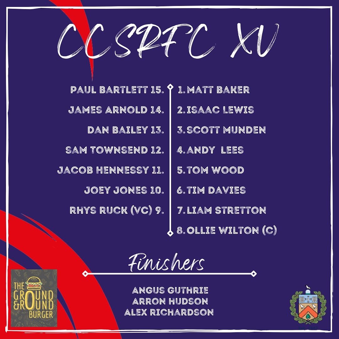 Here’s how the 1st XV line up to take on <a href="/MinchRFC/">MinchRFC</a> in this weekends home game. 

📍 CCSRFC, Tewkesbury Road, Cheltenham, GL51 9SL

⏰ 14:00 kick off 

🍻 Bar open from 13:00

A big thanks to The Ground and Round burger for their match day sponsorship for this weeks game!