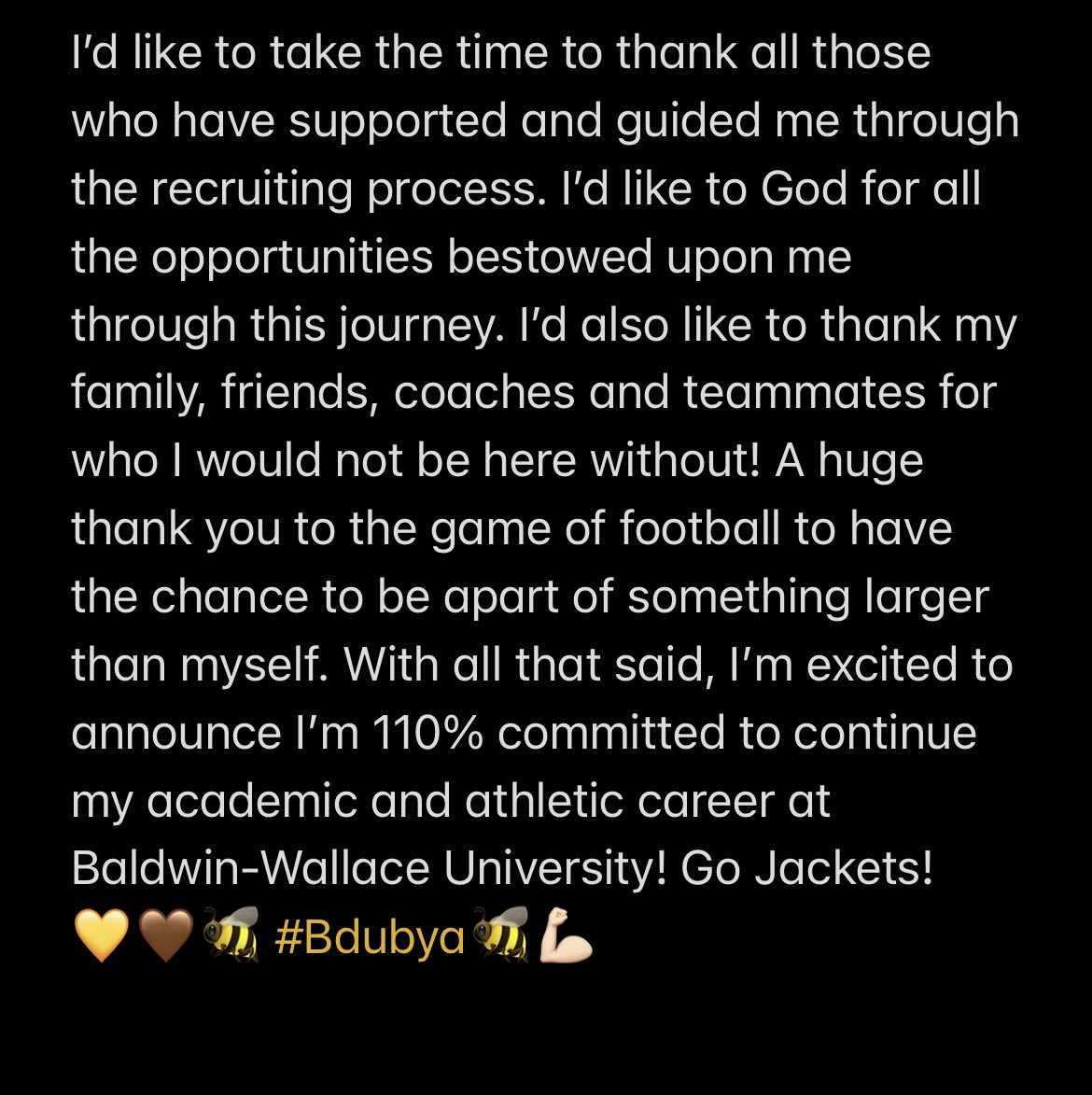 thelandonhare1's tweet photo. 110% Committed! Ready to rep the Brown and Gold!🤎💛🐝💪🏻 #ballinberea #darksideoftheball #bdubya @tyhaines16 @BWYJFootball @CoachHilvert https://t.co/ANAwT6S6WW