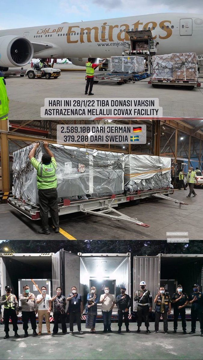 Today (28/1), 379.200 doses of Astra Zeneca vaccine from Sweden and 2.589.100 doses from Germany through Covax Facility have arrived in Indonesia. 

Cooperation and solidarity are indeed the keys to recover from the pandemic together and stronger.

#inidiplomasi #recovertogether